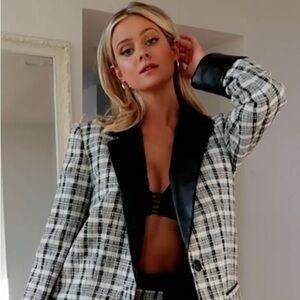 L'Academie Black and White Plaid Blazer with Leather Trim